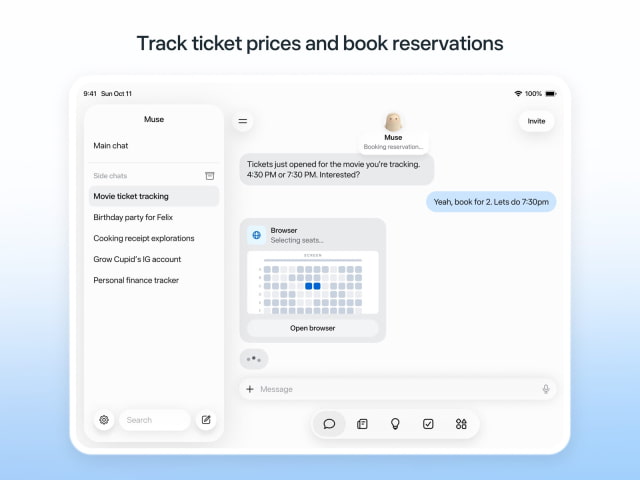 Muse on iPad opens a browser to select seats for a movie booking