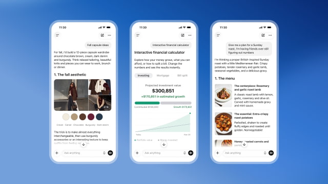 OpenAI's Intelligent UI examples show a wardrobe guide, interactive financial calculator, and meal plan in ChatGPT on iPhone