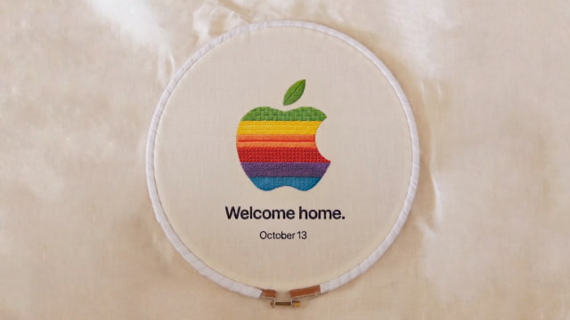 Apple's stitched rainbow logo above 'Welcome home' and 'October 13' in its launch teaser