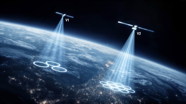 SpaceX illustration comparing V1 and V2 Starlink Mobile satellites above Earth