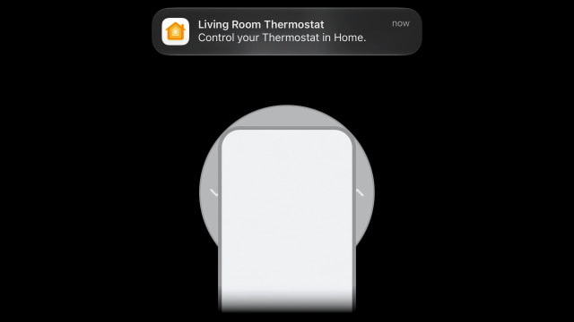 Frame from the LG thermostat proximity-control animation showing an iPhone and a Home notification