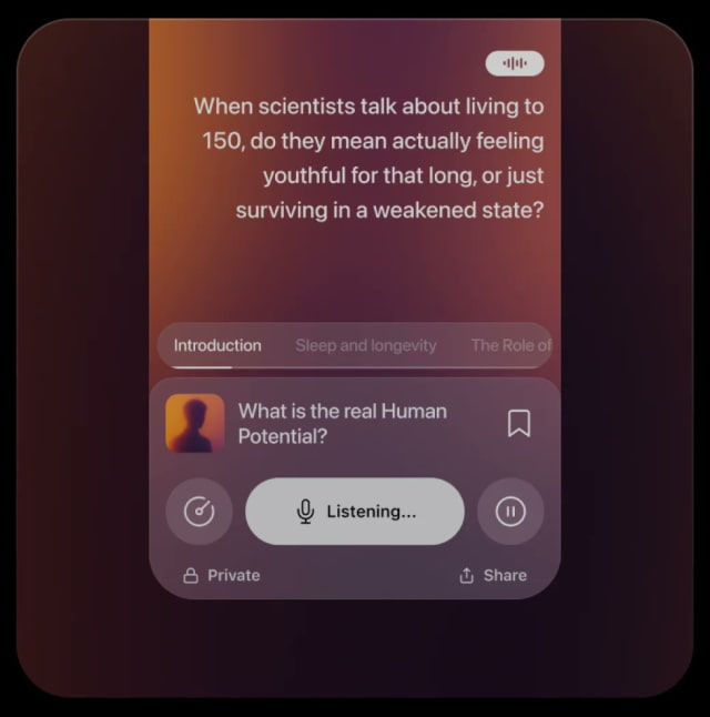 Huxe app listening interface allowing a user to ask a question during an AI-generated audio discussion