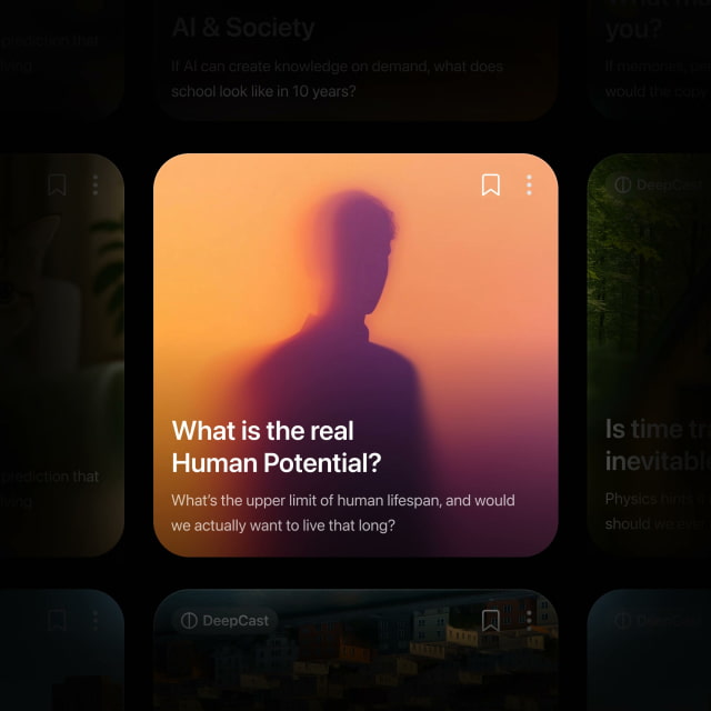 A Huxe DeepCast card for an AI-generated podcast about human potential and lifespan