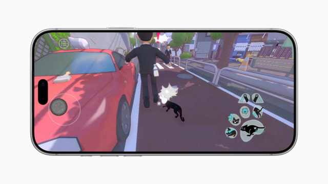 A screen on iPhone 18 Pro Max shows gameplay of Little Kitty, Big City.