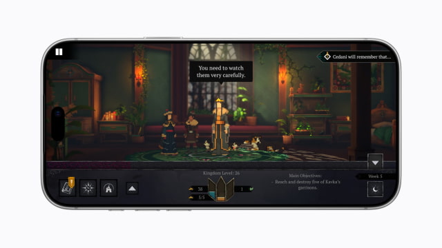 A screen on iPhone 18 Pro Max shows gameplay of Yes, Your Grace 2: Snowfall.