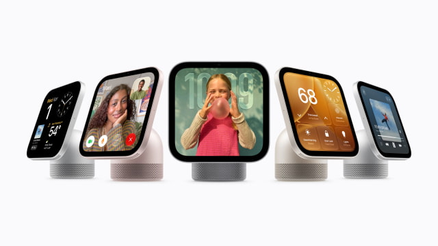 Apple HomeView displays showing FaceTime, photos, music, and home controls.