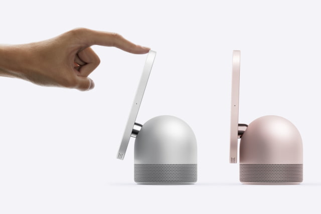HomeView's tabletop display tilting on its stainless steel hinge.