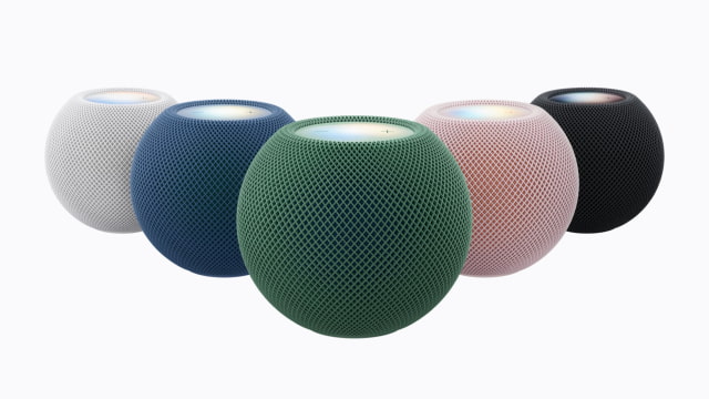 HomePod mini 2 is displayed in white, blue, green, pink, and midnight.