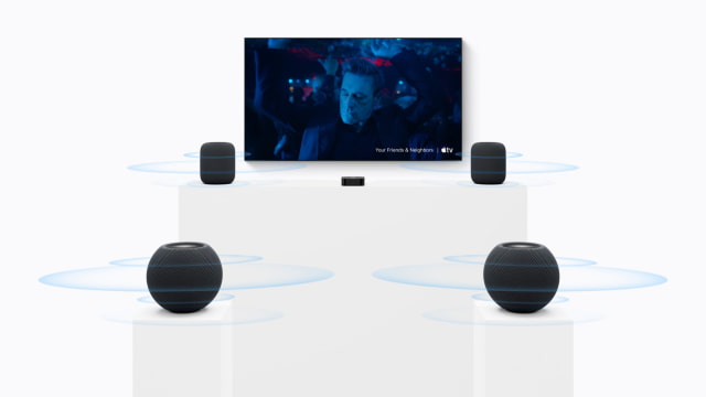 A home theater setup with two HomePod (2nd generation) speakers in the front and two HomePod mini 2 speakers in the rear.