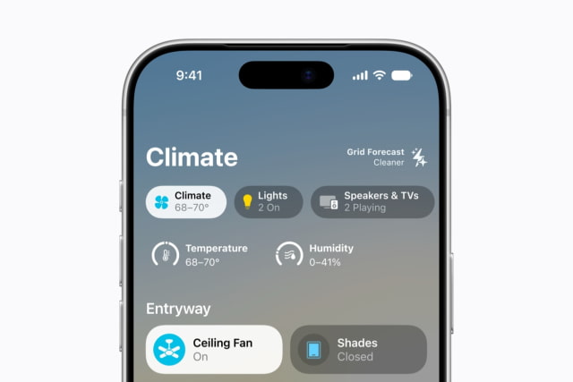 Temperature and energy controls in the iPhone Home app.