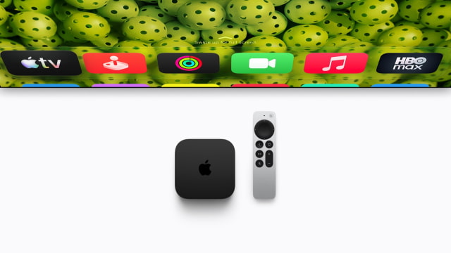 Fourth-generation Apple TV 4K and Siri Remote below a television.