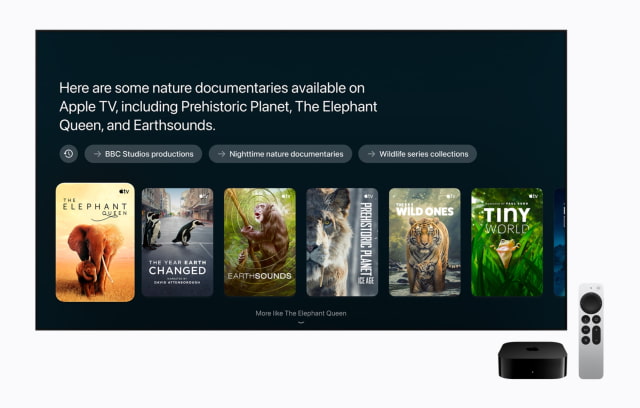Siri AI showing documentary suggestions on Apple TV 4K.