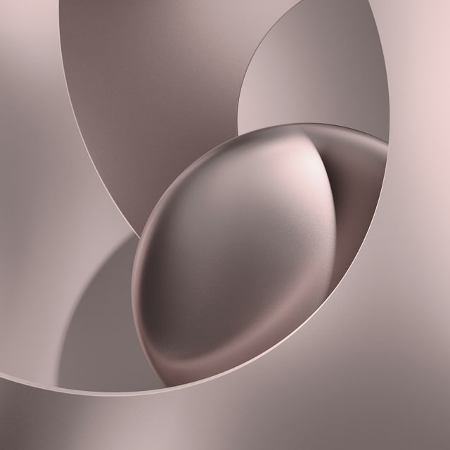 Official Apple HomeView Rose Pink wallpaper with sculpted metallic ribbons surrounding a shaded sphere