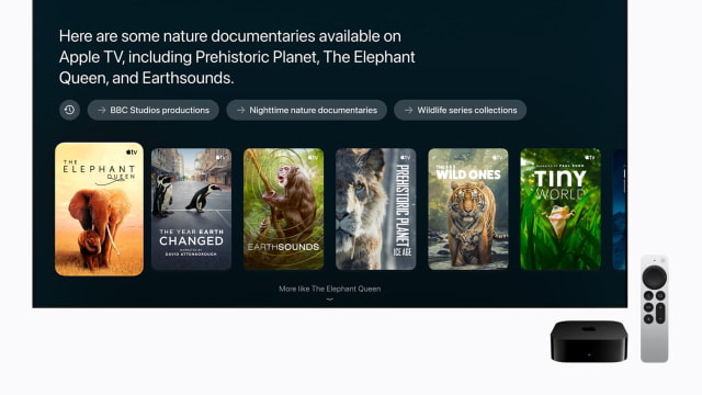 Apple TV 4K and Siri Remote beside Siri AI viewing suggestions on a television.
