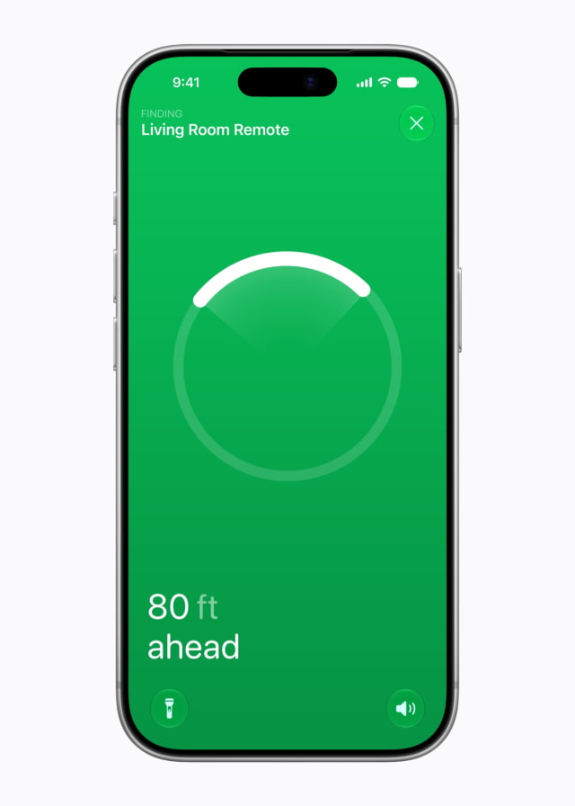 An iPhone 18 Pro screen shows Find My locating a Siri Remote, with the message "80 ft ahead."