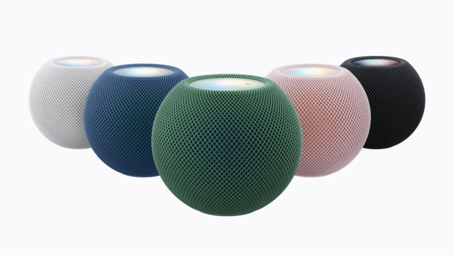 HomePod mini 2 is displayed in white, blue, green, pink, and midnight.