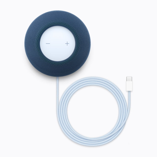 HomePod mini 2 in blue with an accompanying power cable.