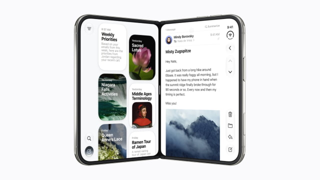 Siri and Mail running side by side on the unfolded iPhone Duo.