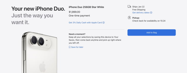 Apple's ordering page for iPhone Duo 256GB in star white, showing Ships Jan 22 and a notice to check back October 24 for pickup availability.