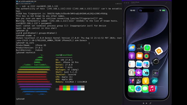Calif's demonstration shows a root shell identifying an iPhone 18 Pro running iOS 27.0.1, alongside the phone's mirrored screen.