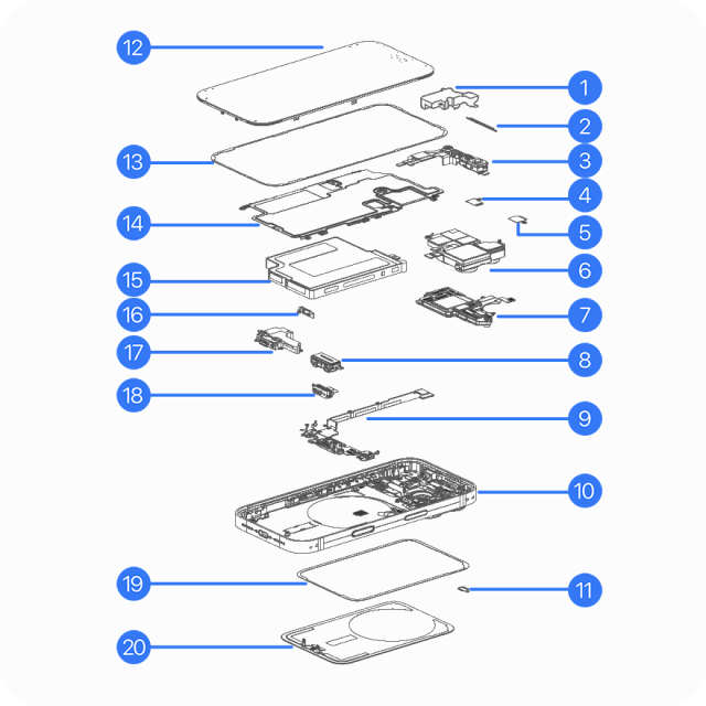 An exploded diagram from Apple's iPhone 18 Pro repair manual showing the display, cameras, battery, enclosure, and other components.