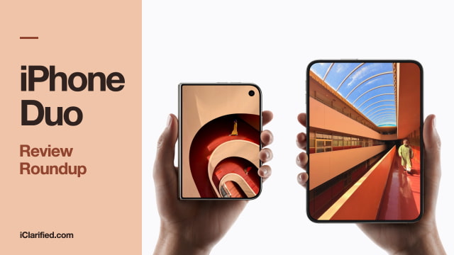 iPhone Duo Review Roundup, showing the phone folded and unfolded beside an apricot title panel.