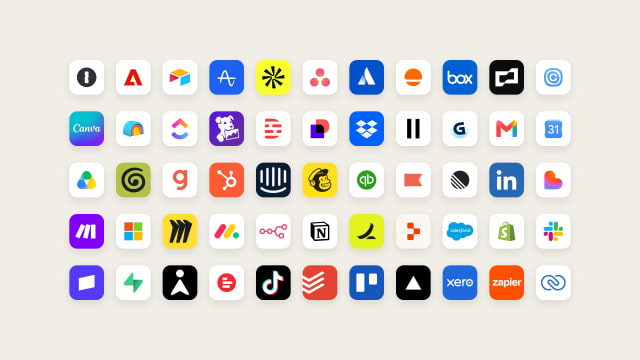 Logos of services that connect with Claude Duet, including Gmail, Slack, Shopify, and QuickBooks