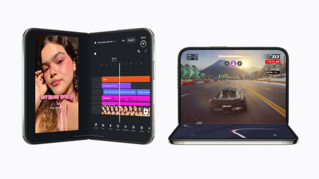 Two iPhone Duo devices showing Instagram Edits and Asphalt Legends in partially folded positions.