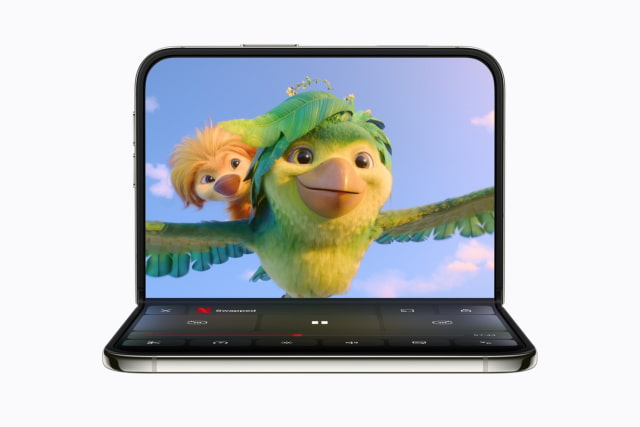 Netflix playing on a partially folded iPhone Duo.