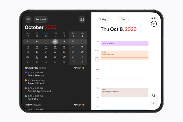 Fantastical showing calendars, tasks, and menus on iPhone Duo's inner display.