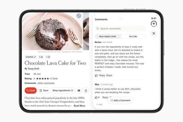 NYT Cooking displaying a recipe on iPhone Duo.