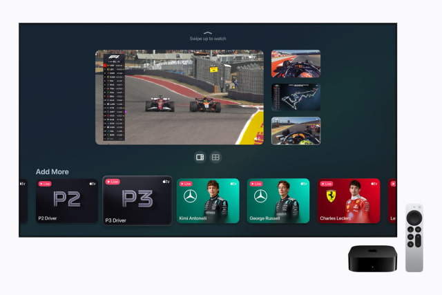 Apple TV Multiview showing multiple Formula 1 feeds on one screen.