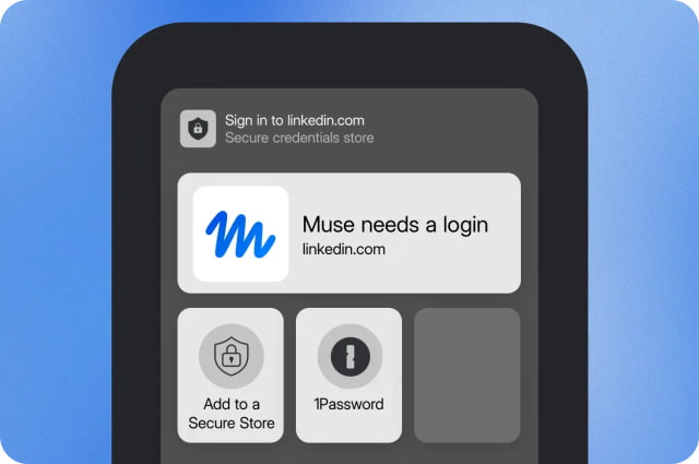1Password's illustration of Muse requesting a login for LinkedIn.