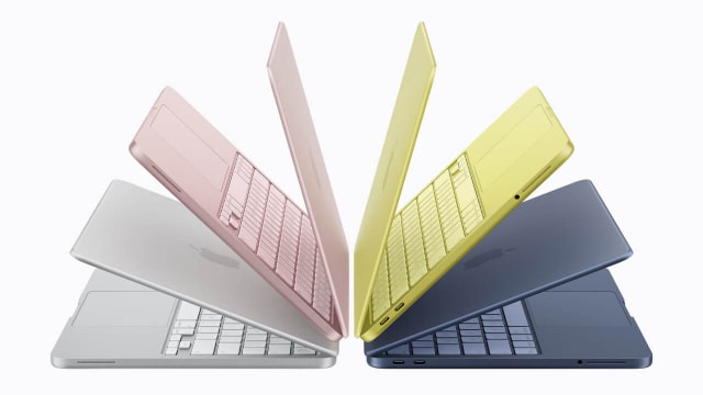 MacBook Neo laptops in silver, blush, citrus, and indigo.