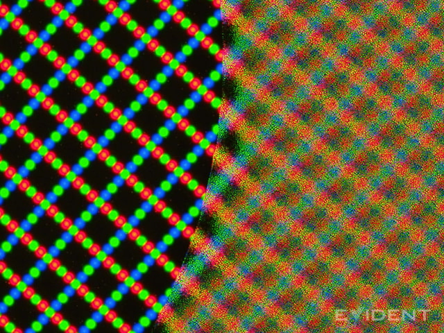 Microscope view showing clear subpixels through the smooth camera cutout on the left and diffused pixels beneath the nano-texture cover on the right.