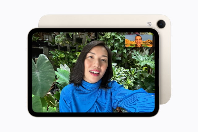 A FaceTime call on the new iPad mini with its landscape Center Stage camera.
