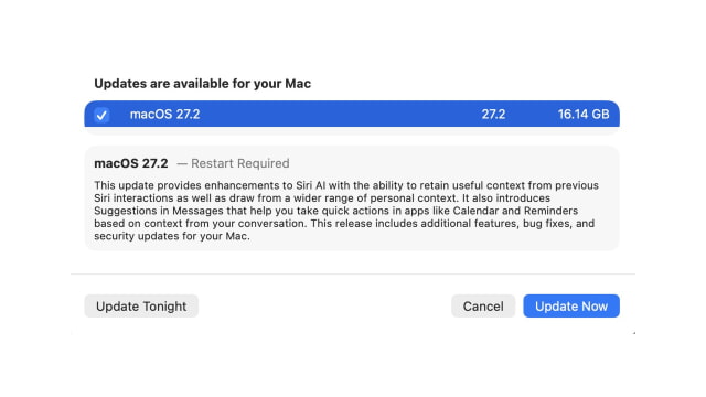 macOS 27.2 Software Update dialog with Siri AI and Messages release notes