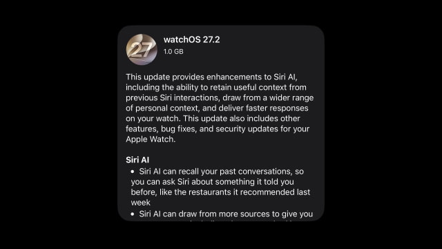 watchOS 27.2 Software Update screen showing Siri AI enhancements