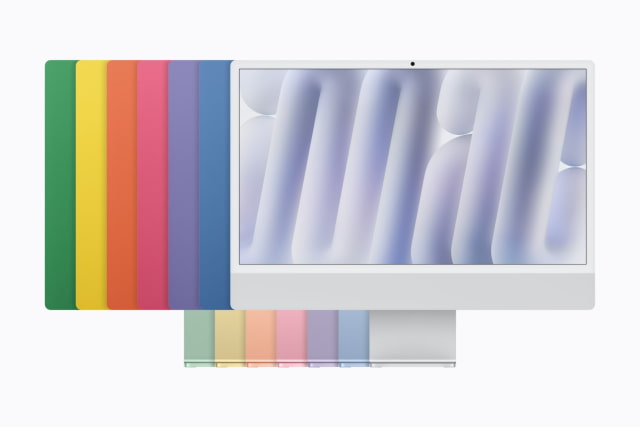 Blue, green, pink, yellow, purple, orange, and silver M6 iMac finishes.