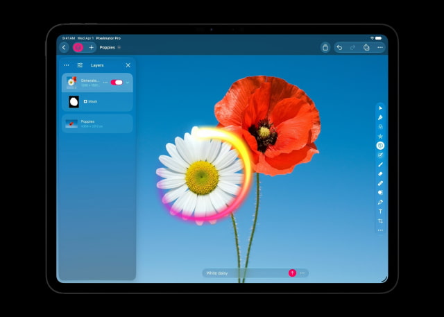 Generate Fill in Pixelmator Pro replacing a selected area with a white daisy.
