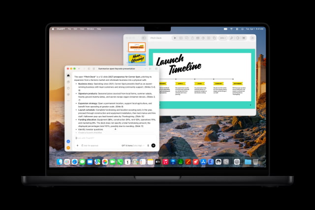 An AI assistant summarizing a Keynote presentation on MacBook Pro.