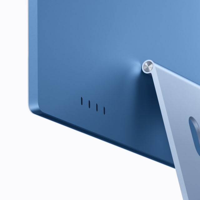 Close-up of the four Thunderbolt ports on the blue 12-core M6 iMac