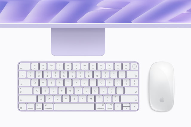 Color-matched Magic Keyboard with Touch ID and Magic Mouse below a purple M6 iMac