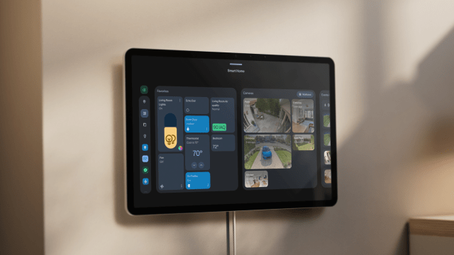 Echo Show 16 mounted on a wall displaying smart home controls and camera feeds
