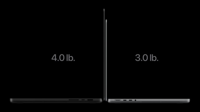 Side views of the new 16-inch and 14-inch MacBook Pro, weighing 4 and 3 pounds.