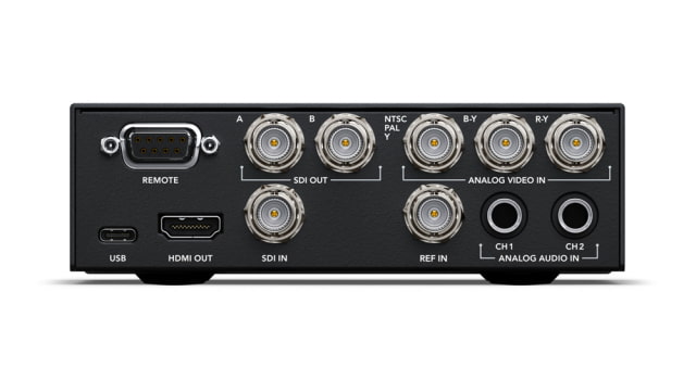 UltraStudio Express HD rear panel with USB, HDMI output, SDI input and outputs, analog inputs, reference input, and remote connection.