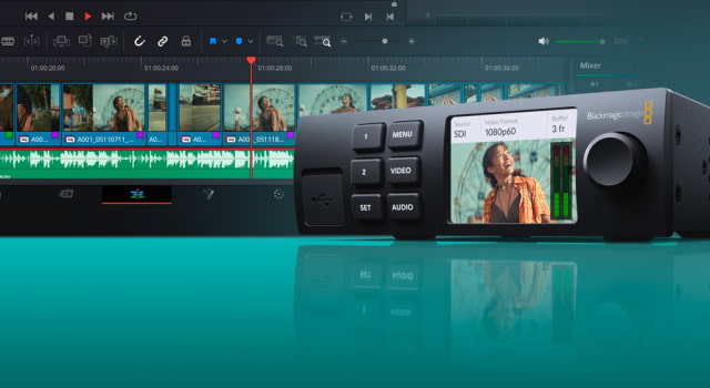 UltraStudio Express HD with the optional Teranex Mini Smart Panel in front of a DaVinci Resolve timeline.