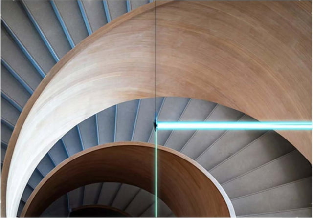 Samsung campaign artwork showing a spiral staircase interrupted by simulated bright-line screen damage.