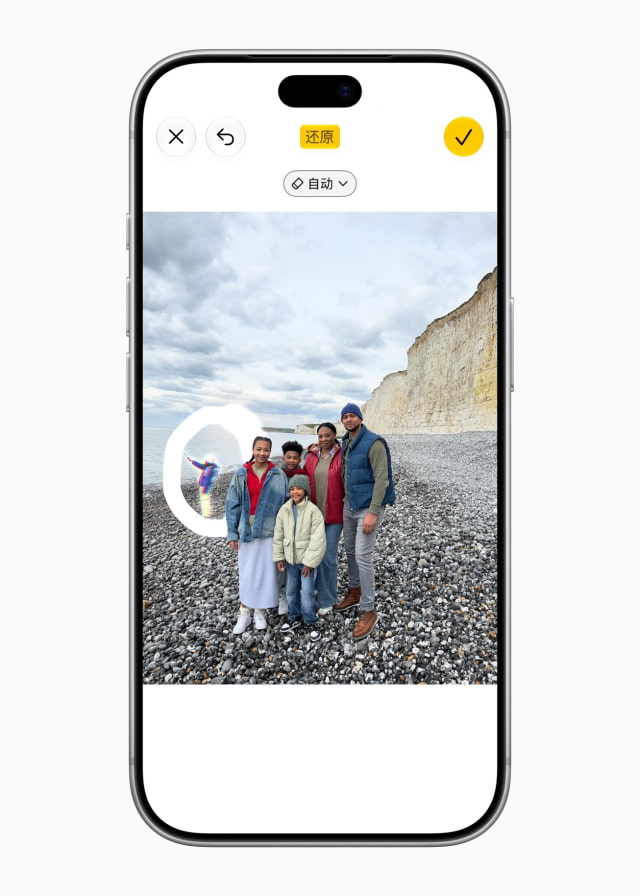 Clean Up in Photos removing a distracting person from a family photograph on an iPhone.