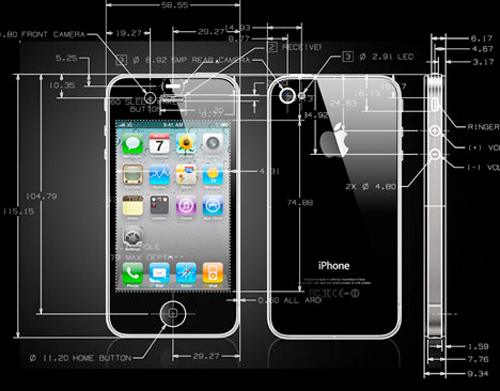 iPhone 4 CAD Drawings Overlayed Onto Images of the Phone